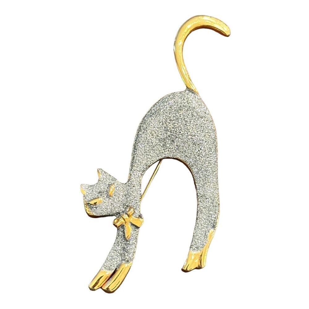 Vintage Cat Brooch Gold Tone Stretching Cat Costume Jewelry Pin Gift Cat Lover
